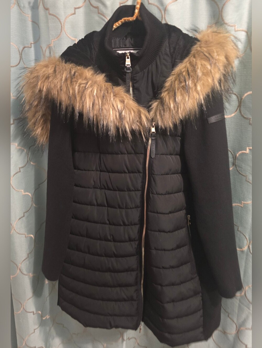 Calvin Klein Petformance 1X Winter Coat Black Brown Faux Fur Hood Zip Puffy Knit